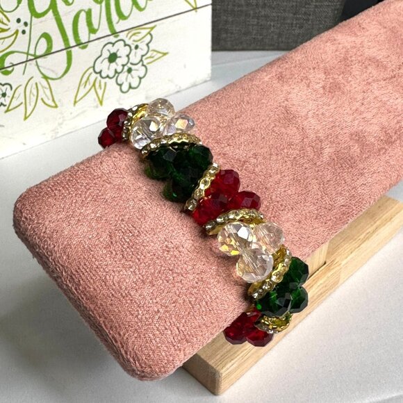 Holiday-Inspired Stretch Bracelet With Red Green & Clear Beaded Design Golden - Picture 3 of 6